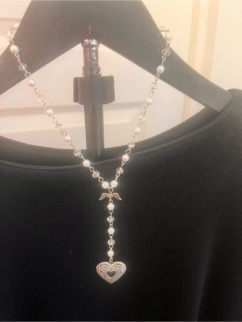 Handmade Silver-Tone Pearl Y-Necklace with Heart and Wing Accent